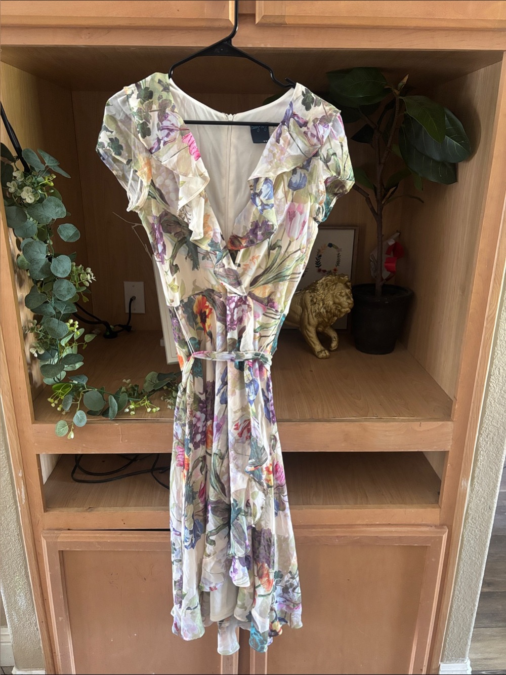Gabby Skye Floral Ruffle Faux Wrap Midi Dress Size 6 Garden Party Wedding Guest